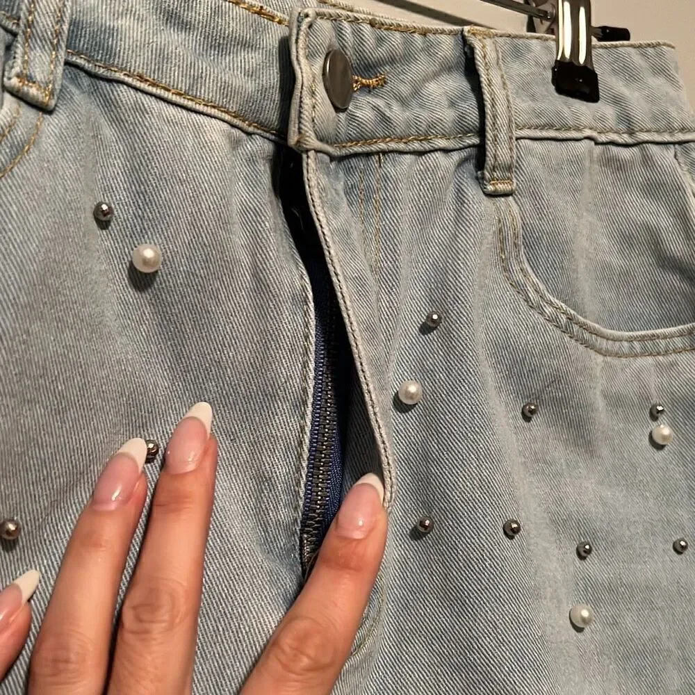Women's Light Blue Ripped Embellished Side Slit Straight Wide Leg Jeans - Picture 5 of 10